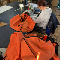 Turtleback outdoor swim bag being handmade at the factory